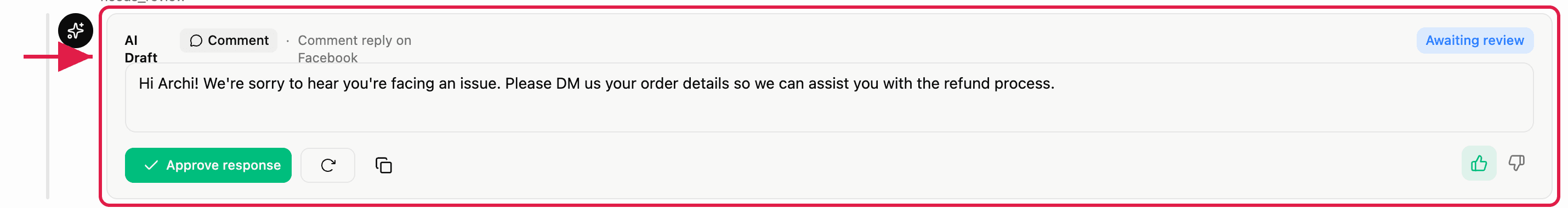 Brand Moderator: Review Queue: Comment and AI reply