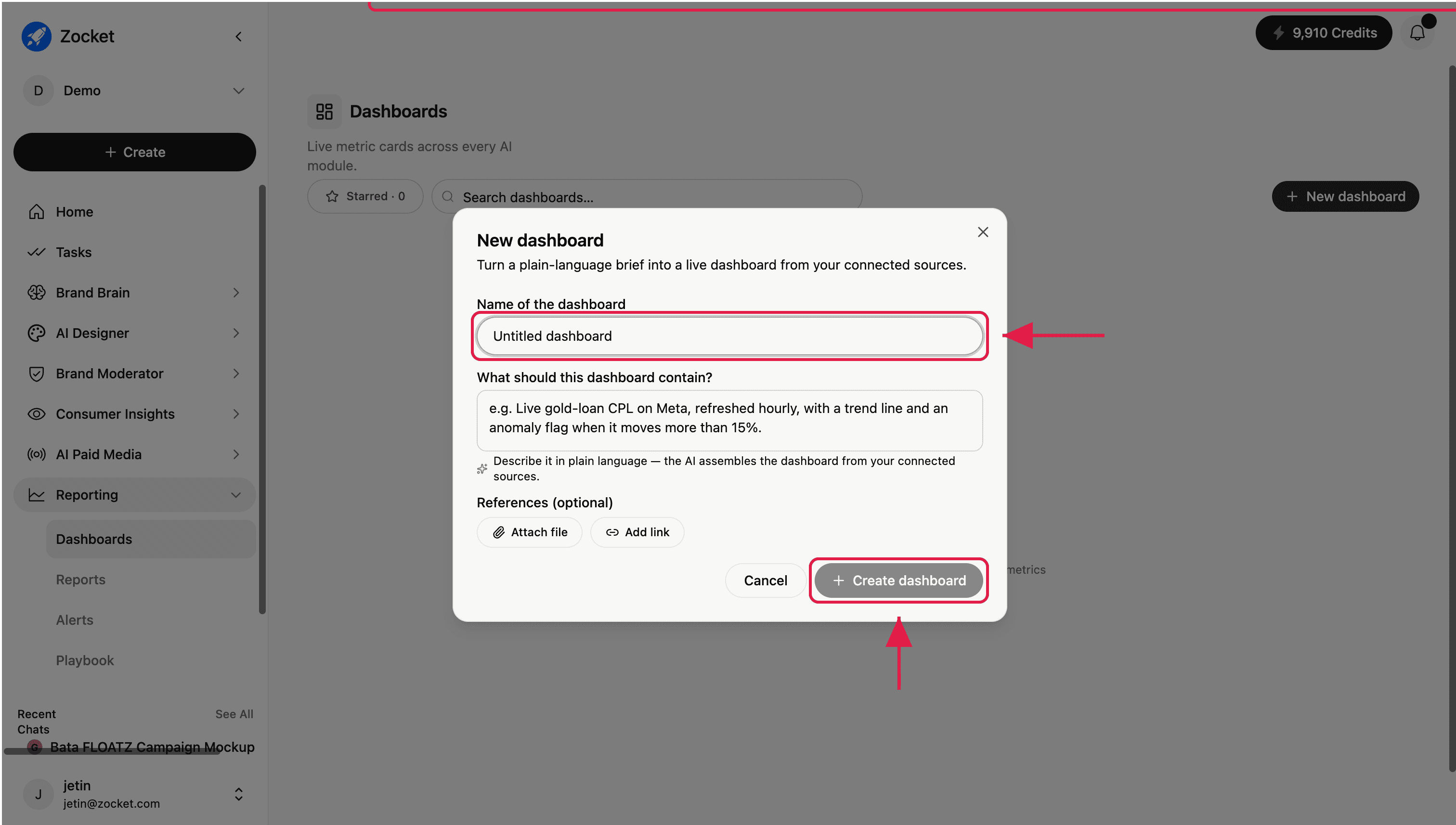 Reporting: Dashboards: New dashboard modal