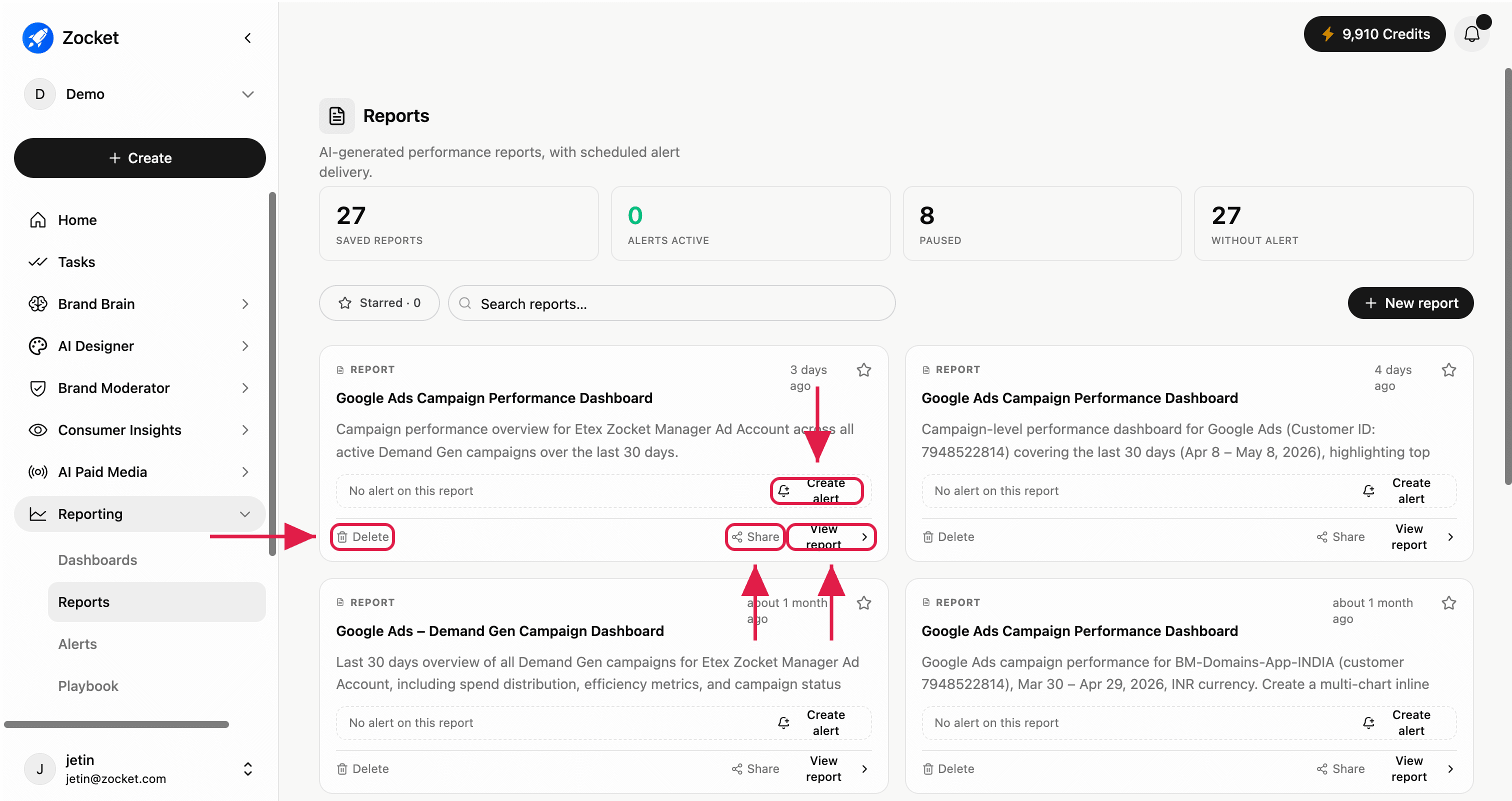 Reporting: Reports: Report card actions