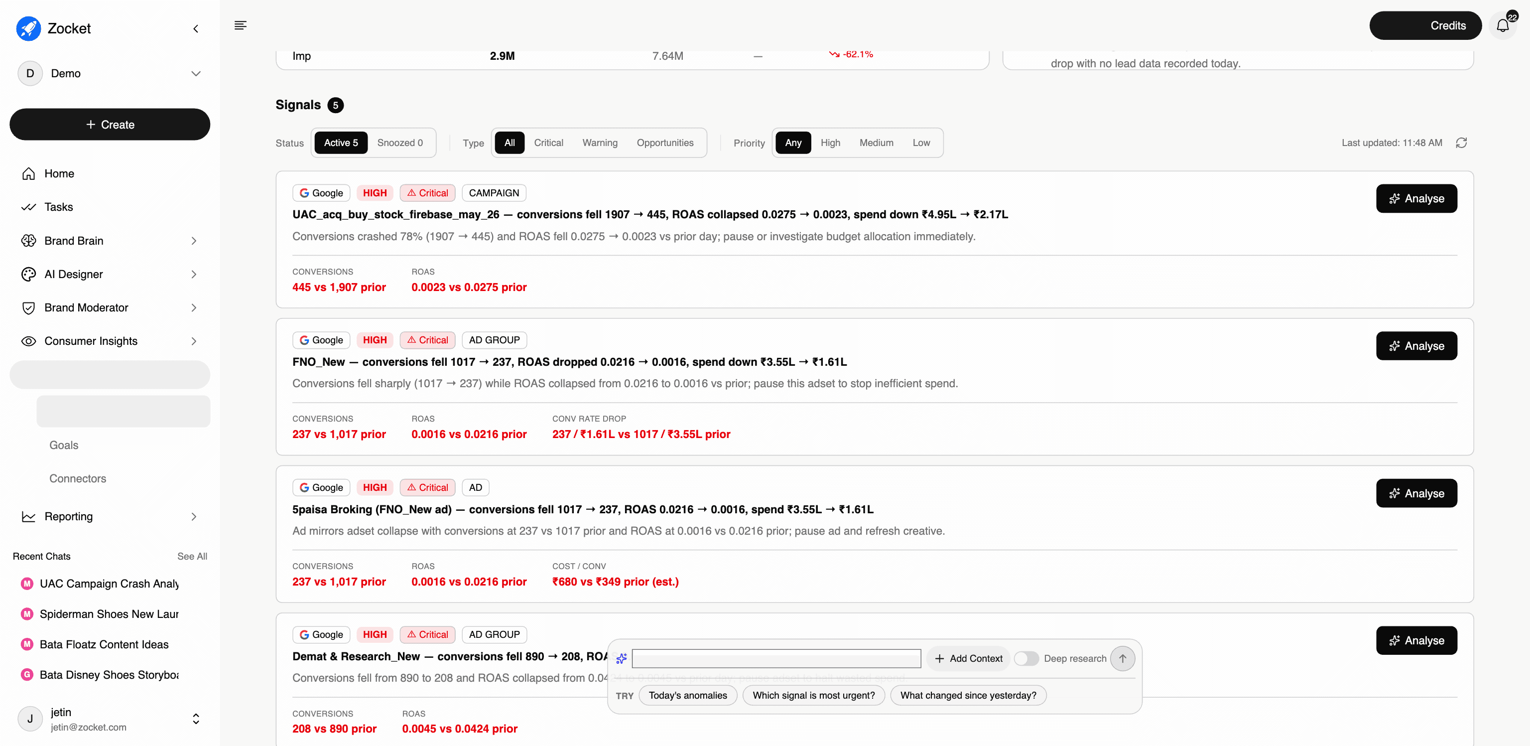 AI Paid Media: Overview: Signals: the ranked feed of what changed and what to do, filtered by status, type and priority. Each signal names the entity (campaign, ad group or ad), states the movement, gives a one-line diagnosis with a recommended action, and shows the supporting metrics